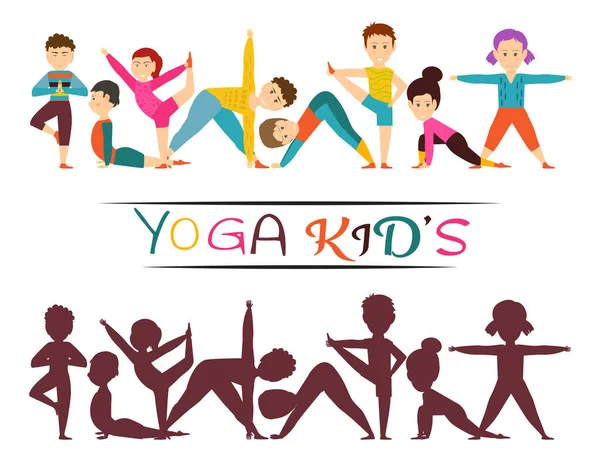 Niños en diferentes posturas de yoga aislados sobre fondo blanco. Plantilla de estilo de vida saludable — Vector de stock