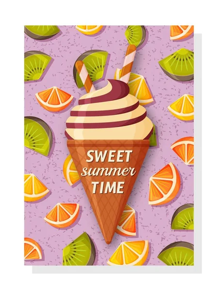 Linda plantilla de fondo de verano para pancartas y fondos de pantalla, tarjetas de invitación y carteles. Helado dulce y kiwi, naranja y limón en la parte posterior — Archivo Imágenes Vectoriales