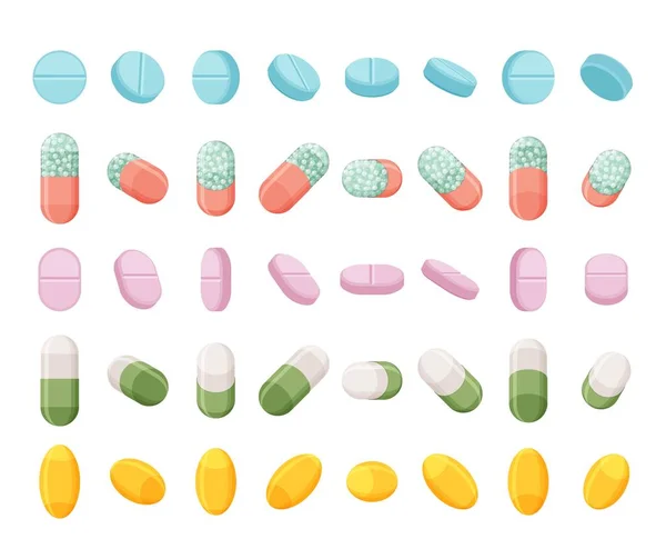 Conjunto de pílulas realistas, comprimidos e cápsulas. Drogas planas isométricas 3D. Mockups isolado no fundo branco . —  Vetores de Stock