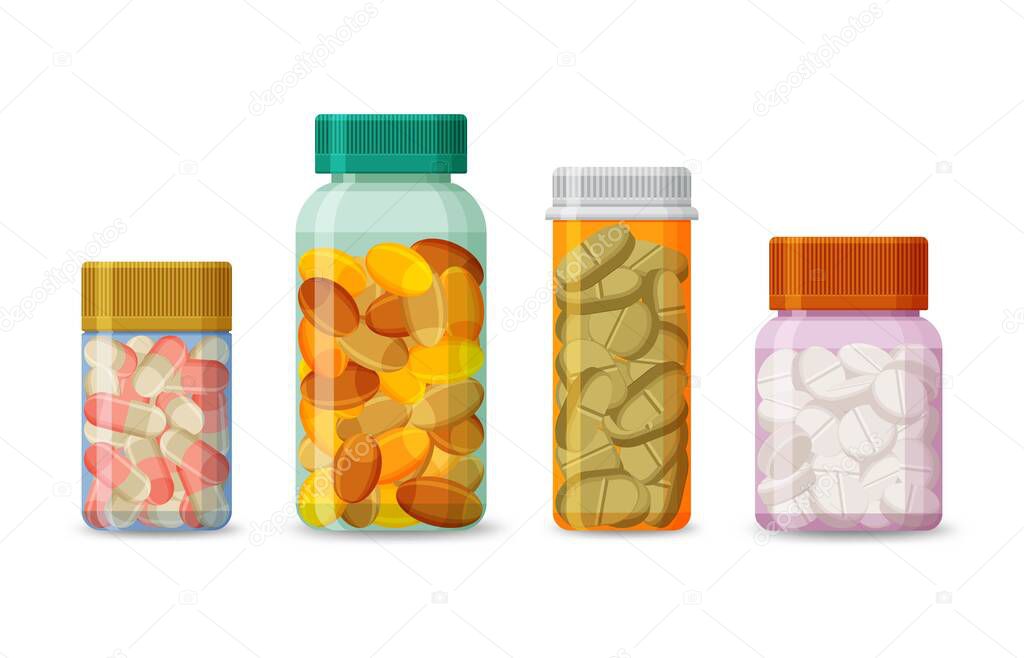 Set of bottles with pills isolated on a white background. Realistic medical products packaging with tablets and capsules. Plastic tubes for pharmacy drugs