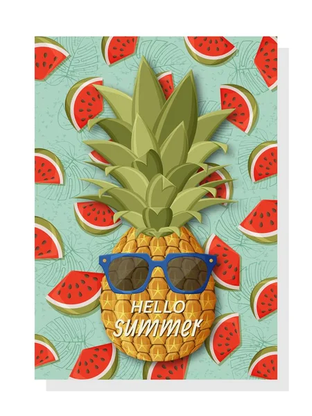 Modelo de fundo bonito verão para banners e papéis de parede, cartões de convite e cartazes. Abacaxi fresco em óculos de sol e melancias na parte de trás —  Vetores de Stock