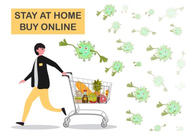 Süpermarkette alışveriş yapan bir adam. Virüs süpermarkette alıcıya saldırıyor. Evde kalıp online konsept satın al