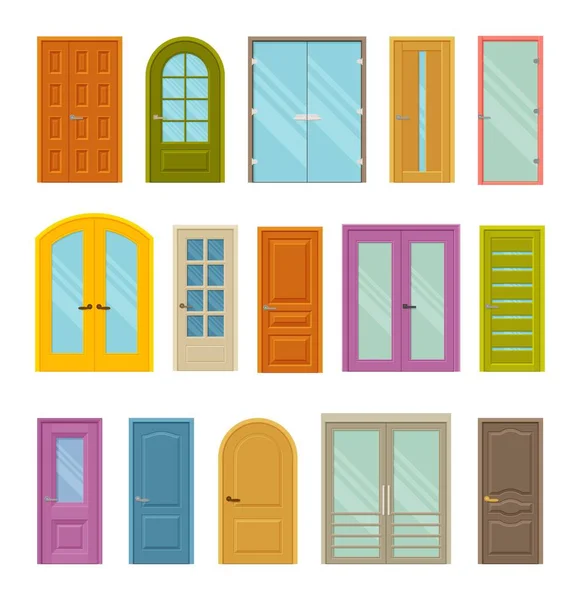 Conjunto de portas fechadas frontais coloridas para casas e edifícios. Design com e sem vidro — Vetor de Stock