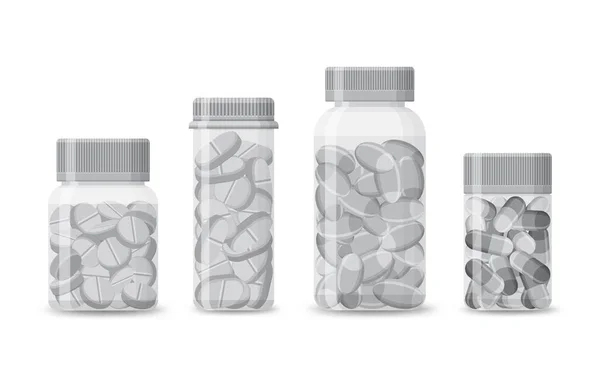 Conjunto de frascos em branco com comprimidos isolados sobre fundo branco. Produtos médicos realistas embalagem com comprimidos e cápsulas. Tubos de plástico para medicamentos farmacêuticos —  Vetores de Stock
