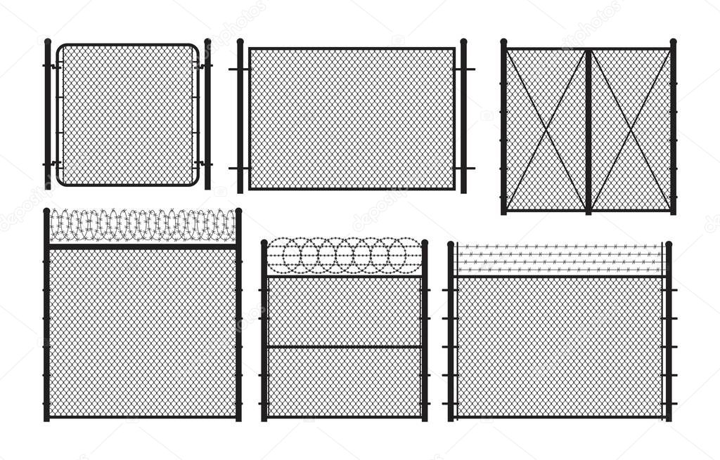 Silhouette metal wire fences and gates set. Vector illustration.