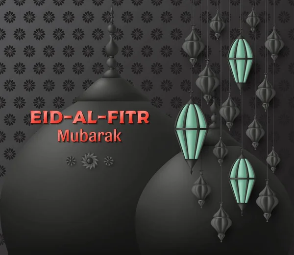 Eid Al Fitr Antecedentes. Linterna árabe islámica y construcción de mezquitas. Tarjeta de felicitación — Archivo Imágenes Vectoriales