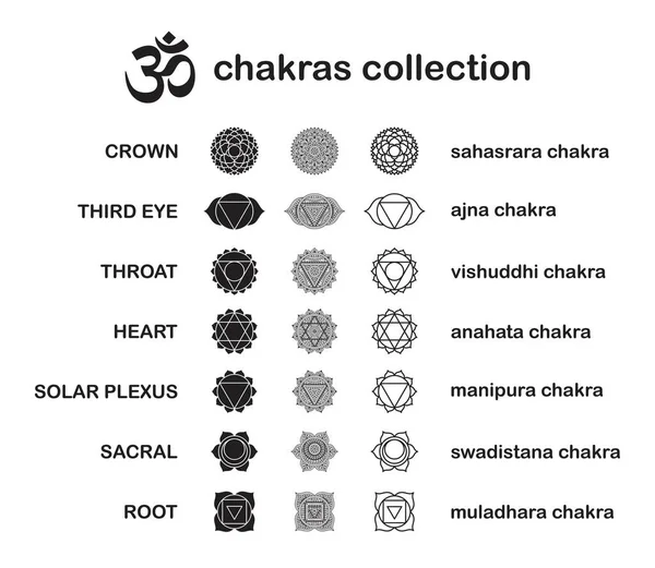 Chakra piktogramok. Hinduizmusban, buddhizmusban és ajurvédában használt csakrák. Elemek a tervedhez. Sahasrara, Ajna, Vissudha, Anahata, Manipura, Svadhisthana, Muladhara kórokozó-átvivő illusztrációi — Stock Vector