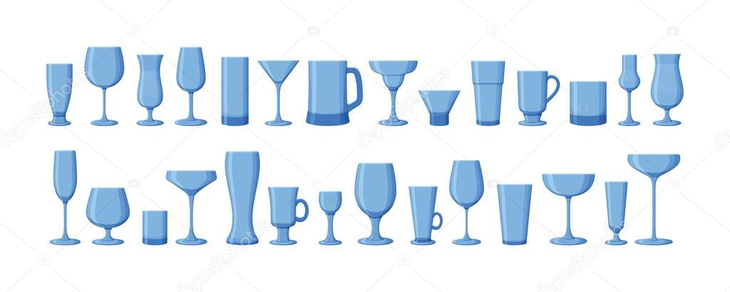 Set of drink glasses for wine, martini, champagne, beer and other. Vector illustration.
