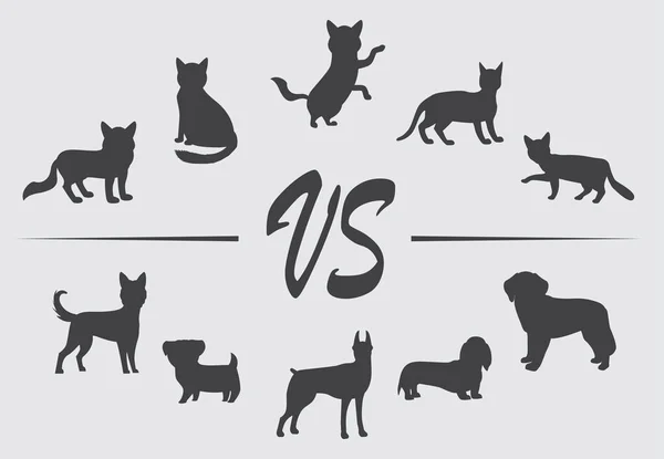 Fekete sziluett készlet különböző fajtájú kutyák és macskák átlátszó háttér izolált vektor illusztráció — Stock Vector