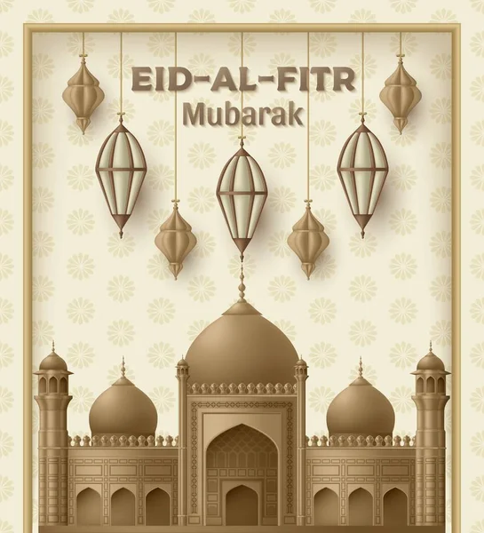 Eid Al Fitr Antecedentes. Linterna árabe islámica y construcción de mezquitas. Tarjeta de felicitación. Ilustración vectorial . — Archivo Imágenes Vectoriales