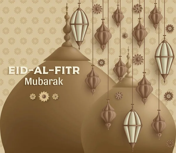 Eid Al Fitr Antecedentes. Linterna árabe islámica y construcción de mezquitas. Tarjeta de felicitación. Ilustración vectorial . — Archivo Imágenes Vectoriales