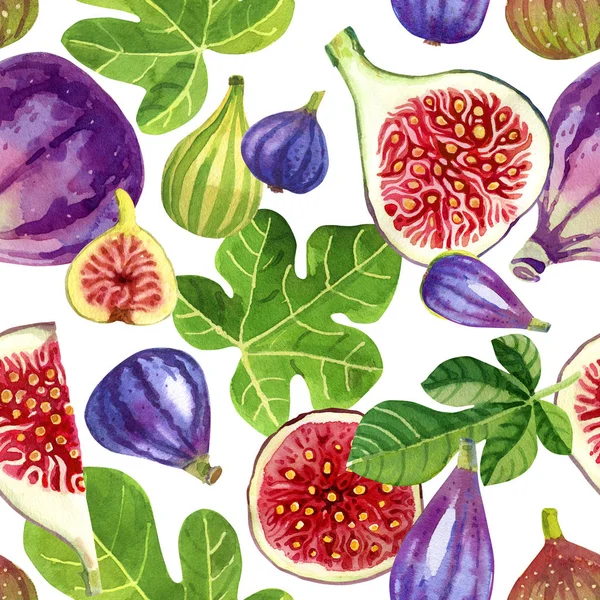 Seamless pattern of purple and green figs and leaves — Stock Photo, Image