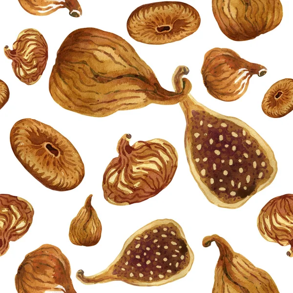 Vzor bezešvé hnědé sušených fíků s akvarel — Stock fotografie