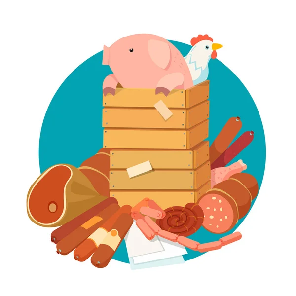 Cochon et poulet en boîte avec saucisses — Image vectorielle
