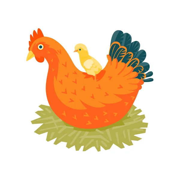 Красная курица в гнезде с жёлтой цыпочкой — стоковый вектор