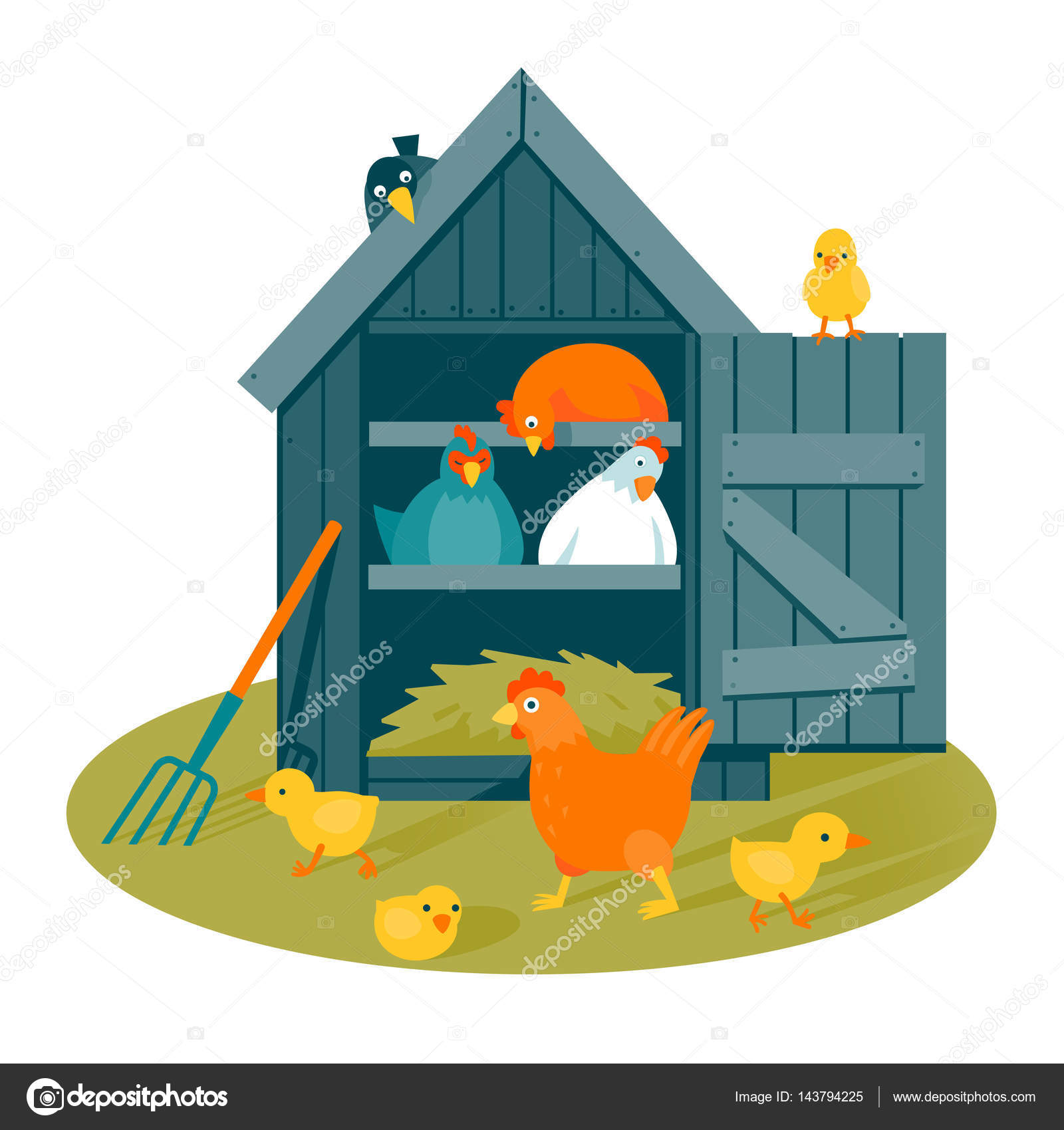 Poulailler Sur Une Illustration Vectorielle De La Pelouse Image