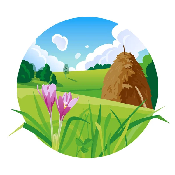 Sommarlandskap med en höstack illustration — Stock vektor