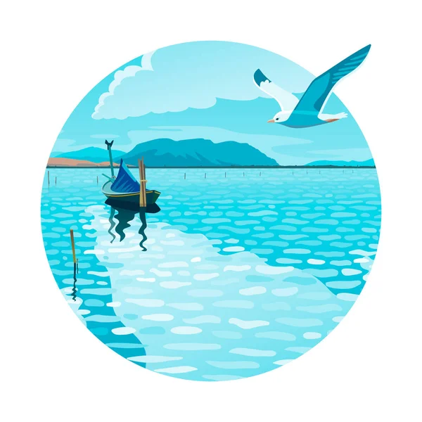 Paysage marin avec un bateau et une illustration de mouette — Image vectorielle