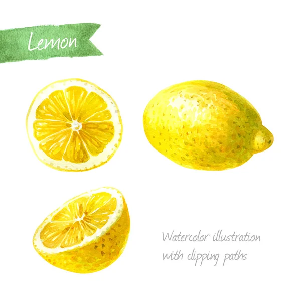 Zitrone ganz und in Scheiben geschnitten isolierte Aquarell-Illustration — Stockfoto