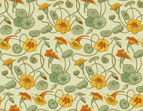 Patrón vectorial sin costuras con flores y hojas de capuchina roja y amarilla sobre fondo beige — Vector de stock