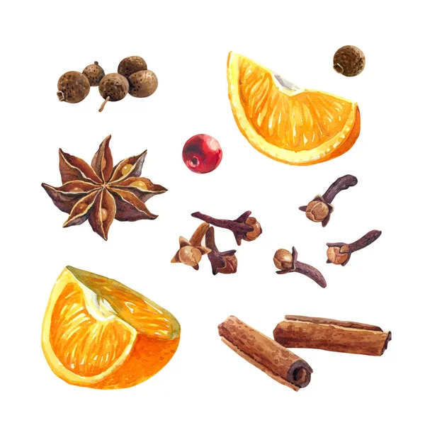 Naranjas y especias de invierno aisladas en acuarela blanca illustrat —  Fotos de Stock
