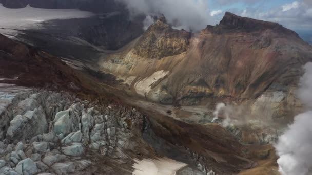 Glacier Volcano Crater Crater Mist Kamchatka Drone Video Aerial View — Stock Video