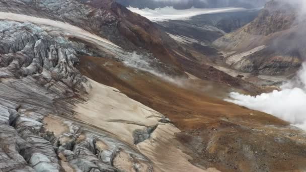 Ledovec Sopečném Kráteru Kráterová Mlha Kamčatce Drone Video Letecký Pohled — Stock video