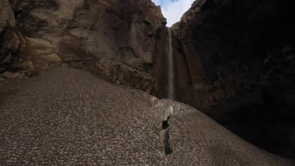 Drone Flying Trough Deep Gorge Canyon Waterfall Kamchatka Peninsula — Stock Video