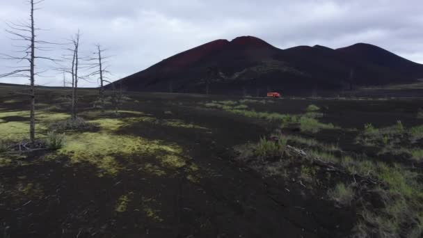 Der Flug Über Schwarzes Lavafeld Und Toten Wald Auf Kamtschatka — Stockvideo