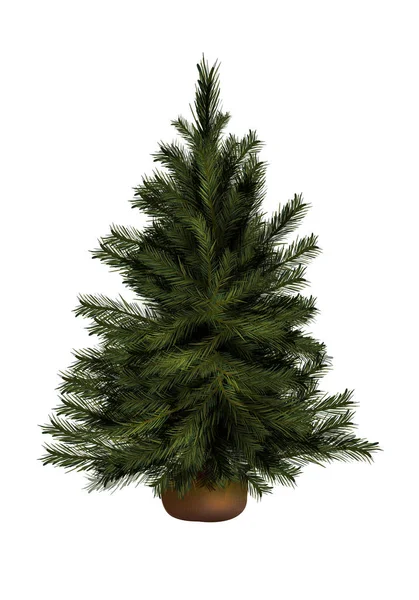 Geïsoleerde groene pijnbomen kerstboom met bruine pot — Stockvector