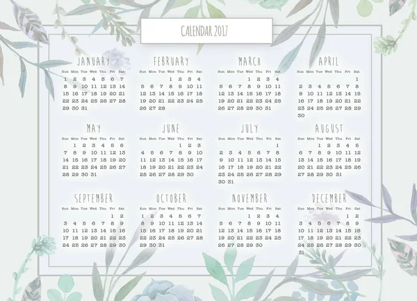 Calendario retrò annuale sfondo verde bordo floreale — Foto Stock
