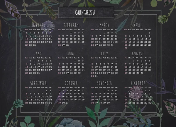 Yearly retro calendar blackboard background with floral border