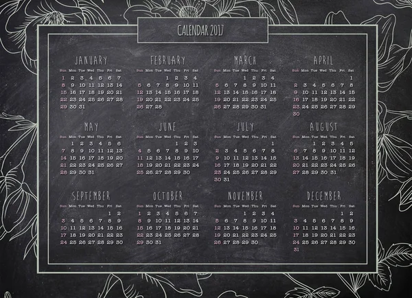 Yearly retro calendar blackboard background with green floral bo — Stock Photo, Image