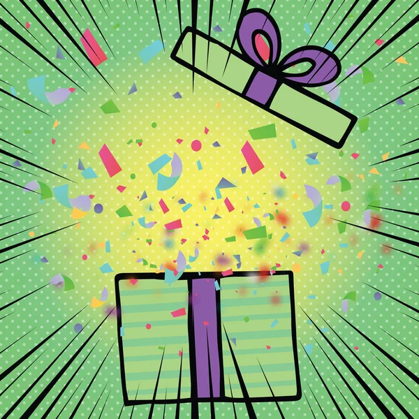 Opened birthday gift box with bow ribbon and colorful confetti