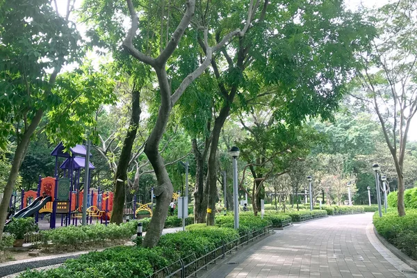 Children playground, garden footpath and the green tree — Stock Photo, Image