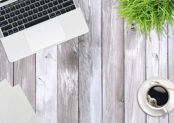 Laptop computer, green plants, coffee on office wooden desk