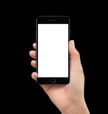 İzole insan el siyah mobil akıllı telefon mockup tutarak