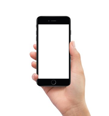 İzole insan el siyah mobil akıllı telefon mockup tutarak