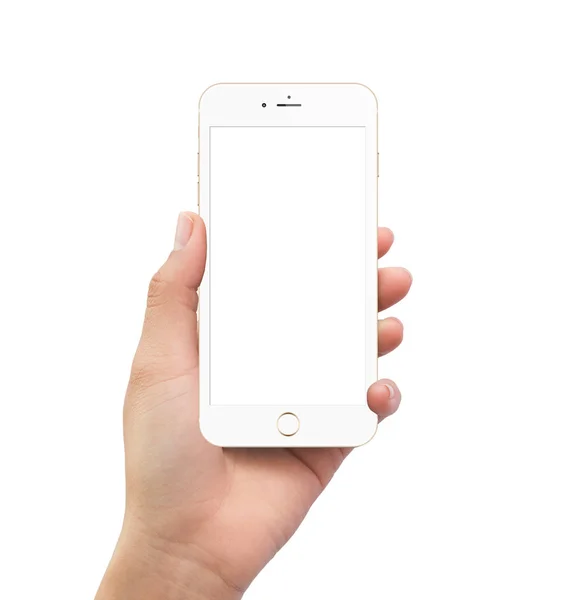 Isolated human left hand holding white mobile smartphone — Stock Photo, Image