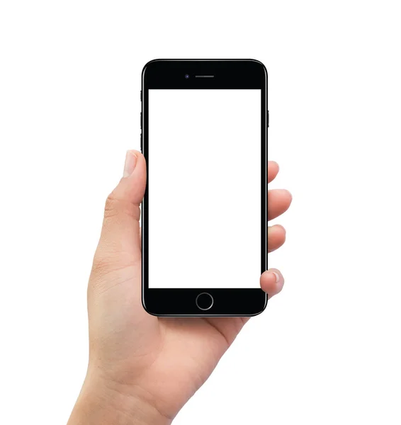 Isolado humano mão esquerda segurando smartphone móvel preto — Fotografia de Stock