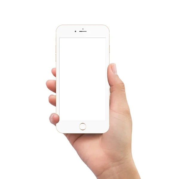 Isolated human right hand holding white mobile smartphone — Stock Photo, Image