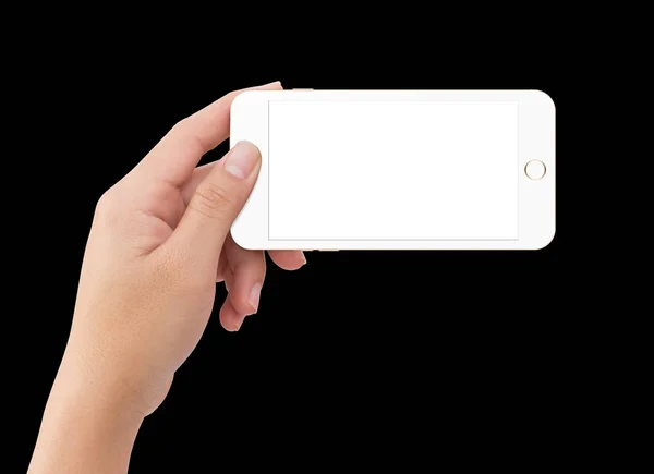 Isolado humano mão esquerda segurando telefone celular branco — Fotografia de Stock