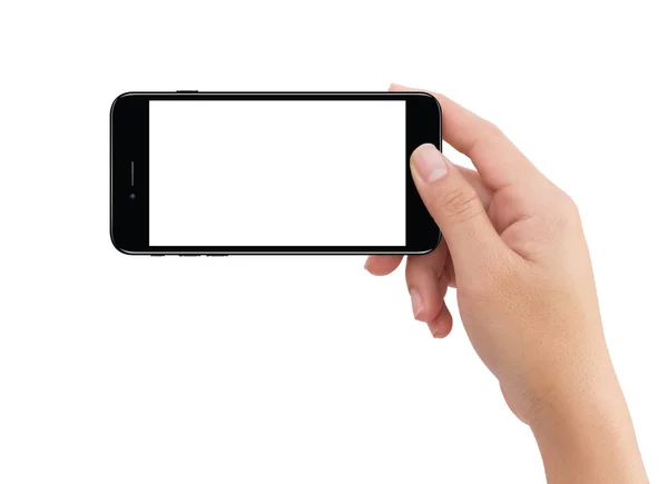 Изолированная правая рука человека держит черный мобильный телефон — стоковое фото