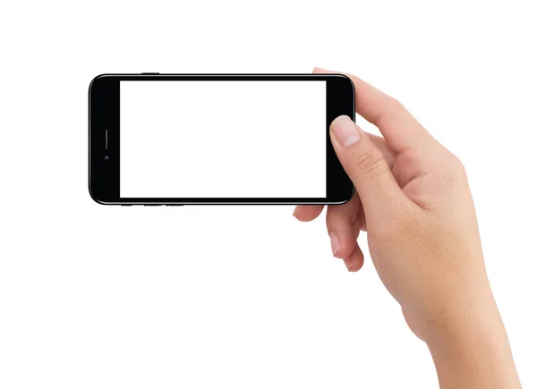 İzole insan sağ elini tutarak siyah cep telefonu