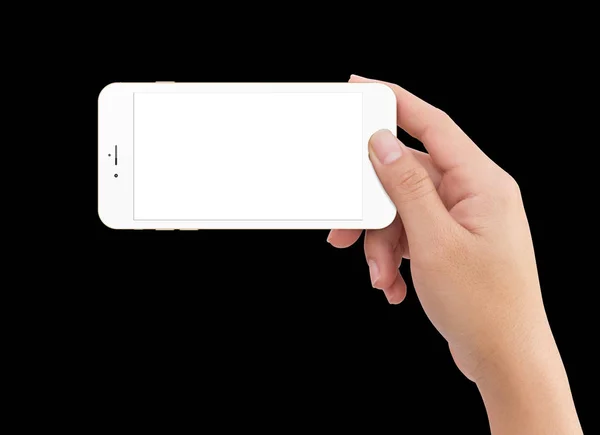Изолированная правая рука человека держит белый мобильный телефон — стоковое фото