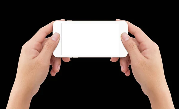 Isolato umano a due mani che tiene lo smartphone mobile bianco — Foto Stock