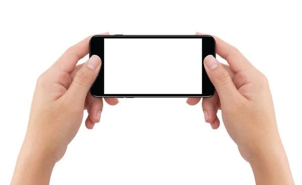 Isolated human two hands holding black mobile smartphone — Stock Photo, Image