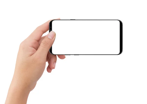 Isolerade mänskliga vänster hand håller svart mobil vit display smar — Stockfoto