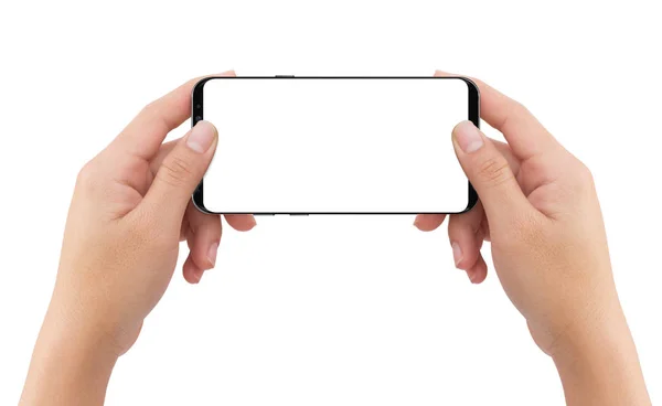 Isolato umano due mani che tengono nero display bianco mobile smar — Foto Stock