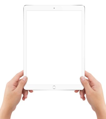 Beyaz holding izole insan iki eller tablet bilgisayara